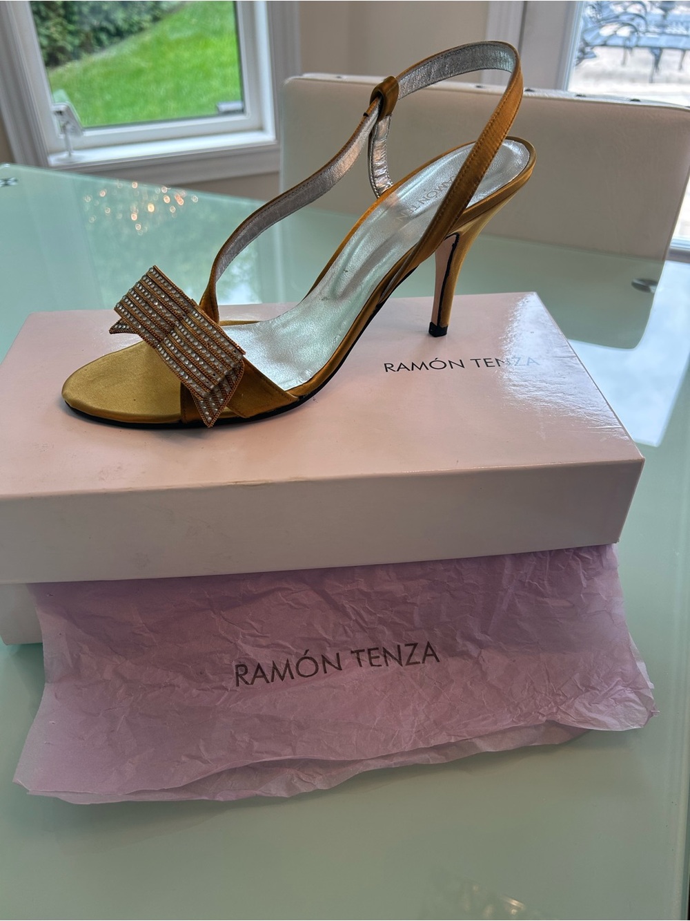 Ramon Tenza Gold Satin Slingback Heels with Crystal Bow